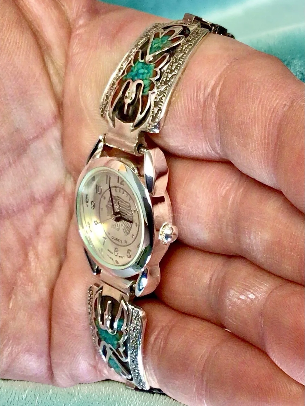 Silver Indian Head Watch Sterling Navajo Turquoise/Coral Thunderbird Band